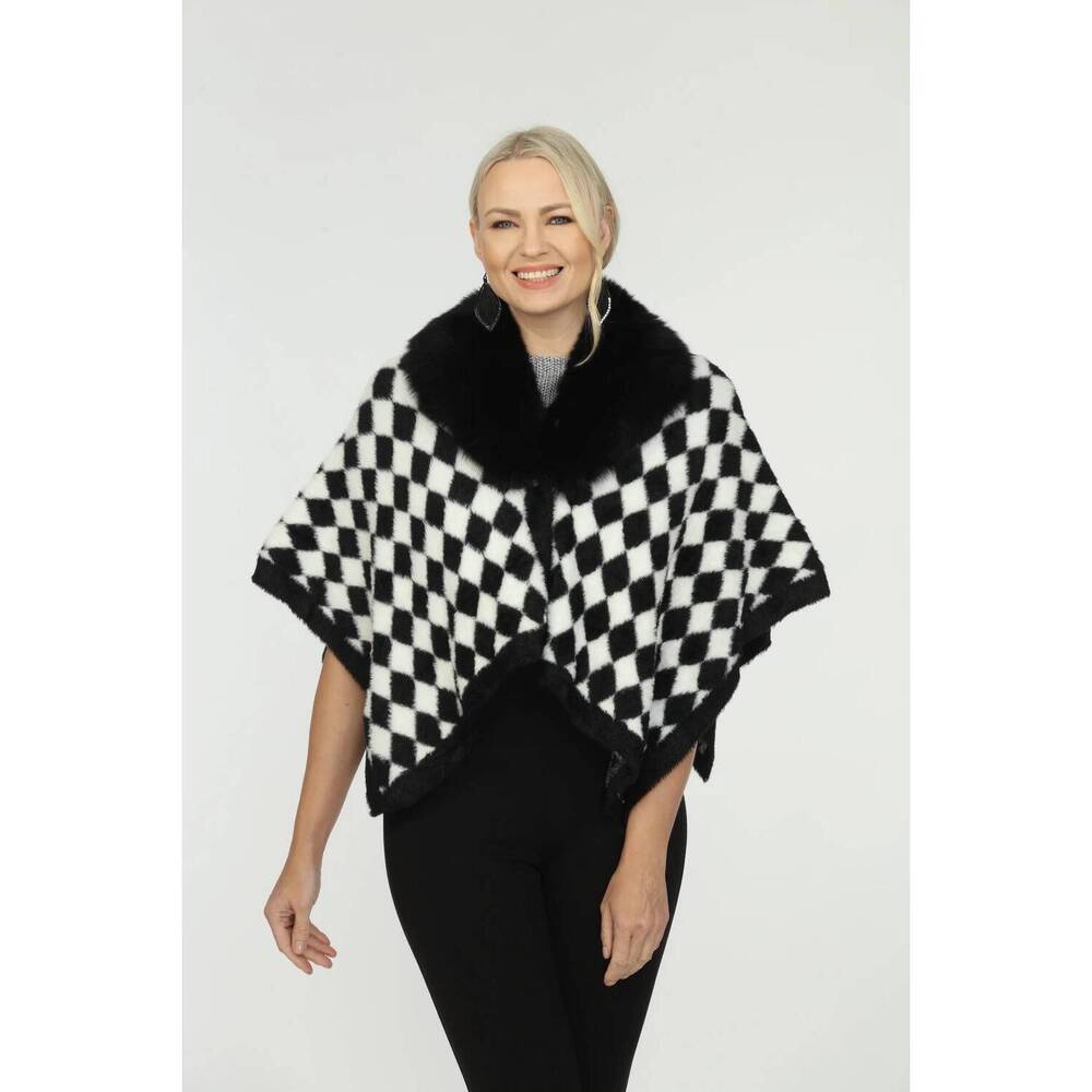NEW OOLALA fur collar cape in black/white check